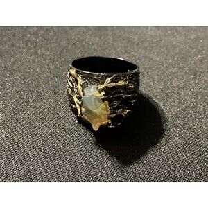 925 Rhodium & Gold, Black Plated Gothic Natural Opal Stone Size 7.5